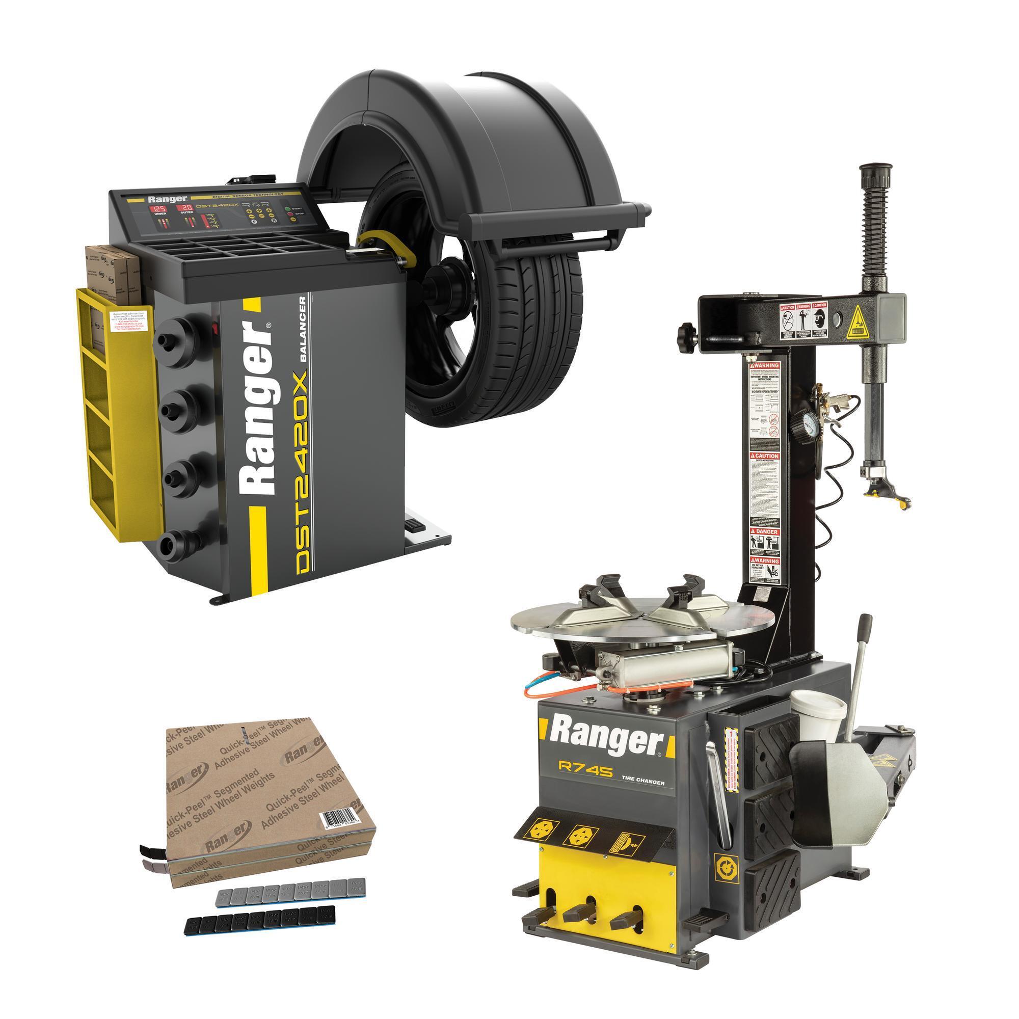 Ranger, R745+DST2420X-110V +Tape Weight Roll Kit 1400pc, Swing Arm Tire Changer 20" Capacity & Wheel Balancer / 40 mm Shaft
